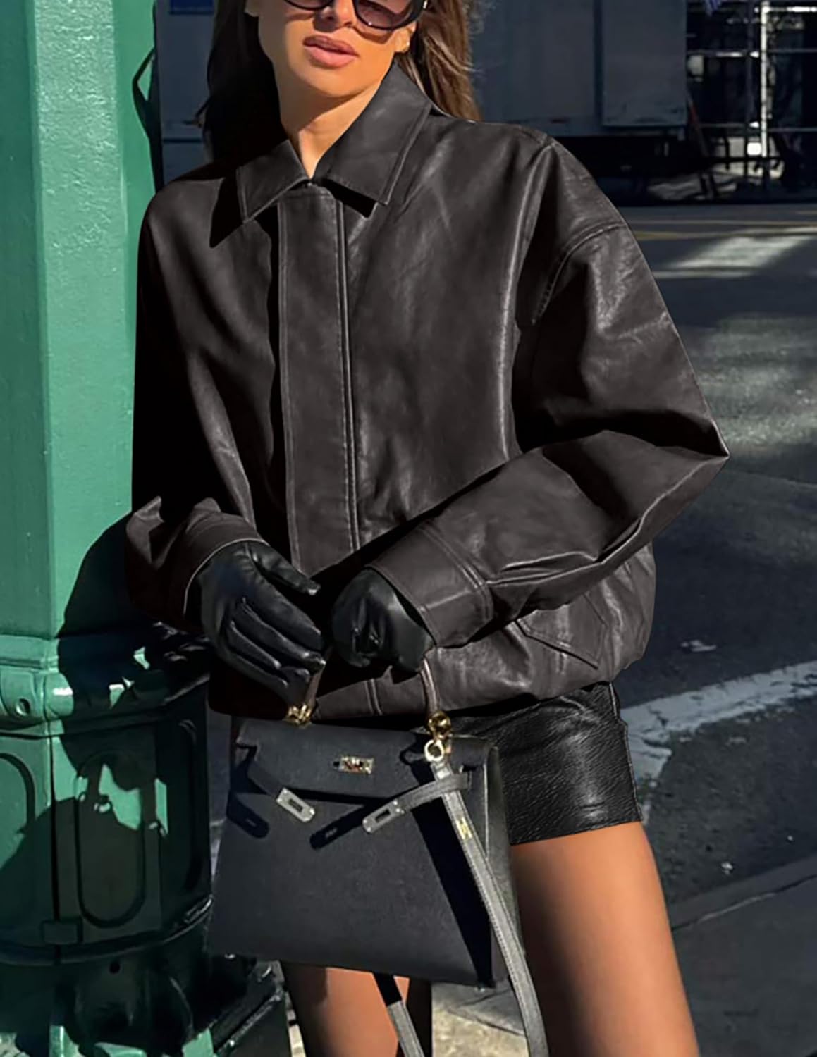 PRETTYGARDEN Women's Oversized Faux Leather Motorcycle Jacket Zip-Up Fall Spring Winter Coat Outerwear