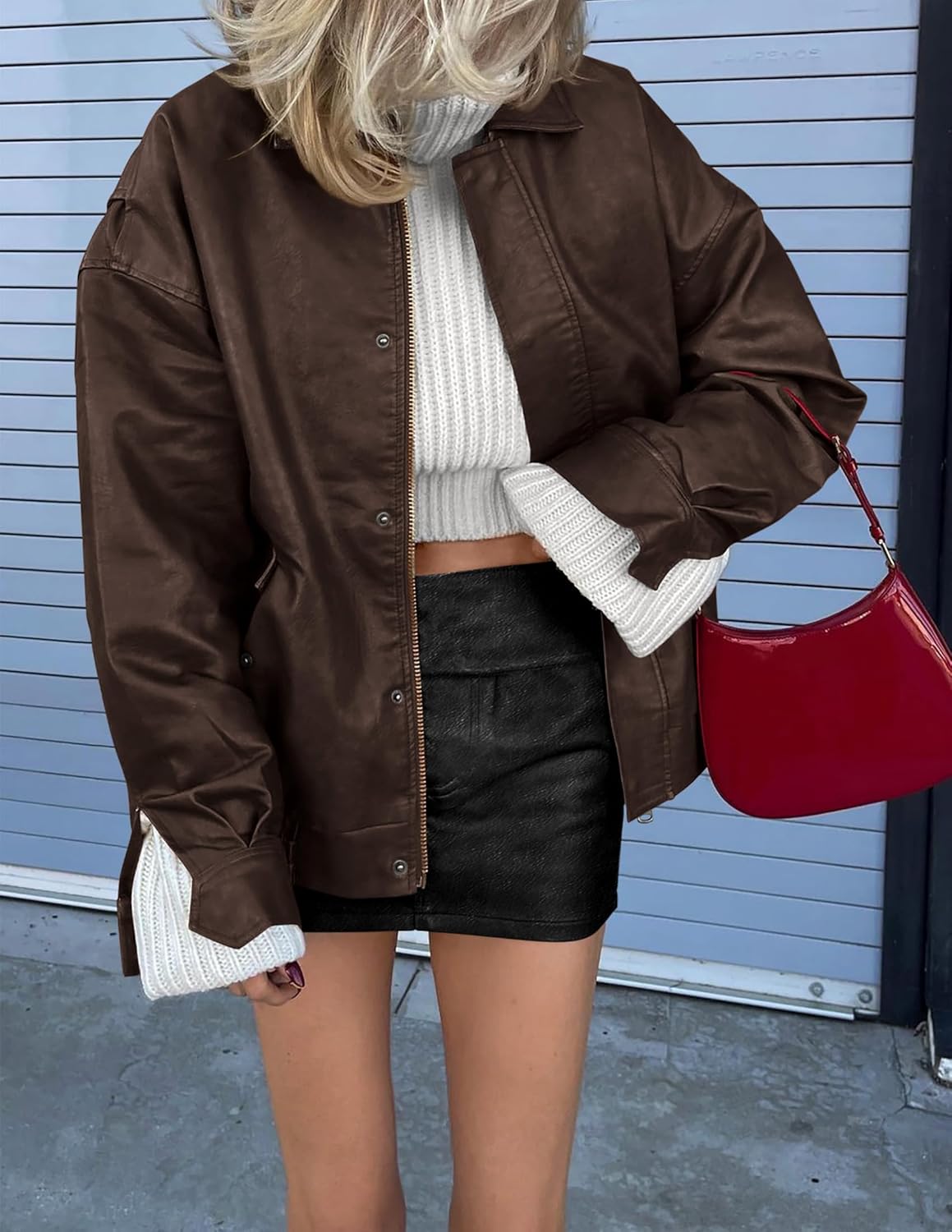 PRETTYGARDEN Women's Oversized Faux Leather Motorcycle Jacket Zip-Up Fall Spring Winter Coat Outerwear