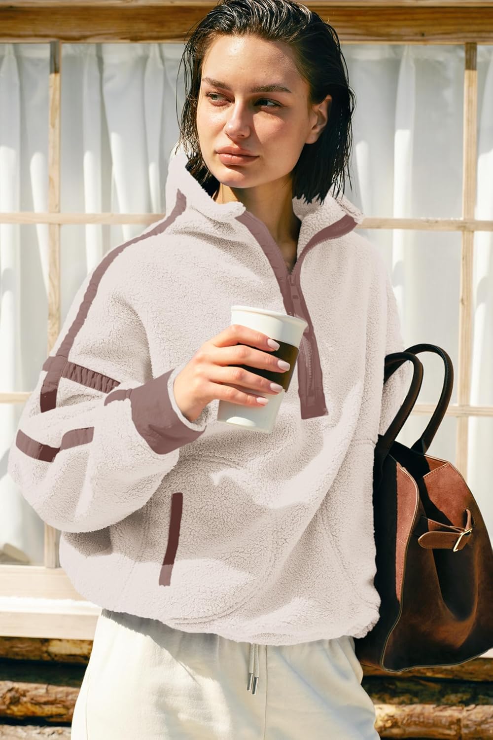 Panadila Women's Oversized Half Zip Sherpa Fleece Pullover Soft Fuzzy Sweatshirt with Pockets