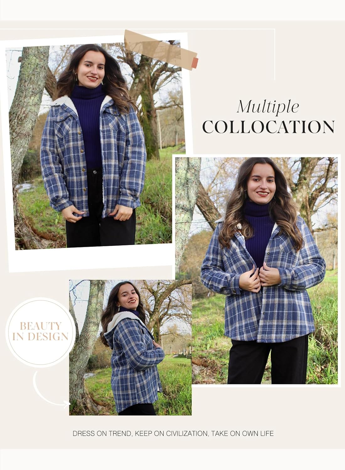 Dokotoo Women's Plaid Fleece Hooded Shacket Long Sleeve Button Down Warm Jacket Coat