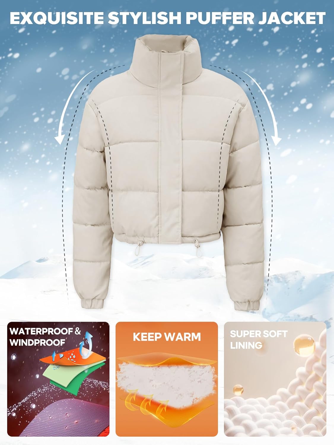 Women's Cropped Quilted Puffer Jacket Long Sleeve Stand Collar Zip-Up Puffy Coat with Drawstring & Pockets