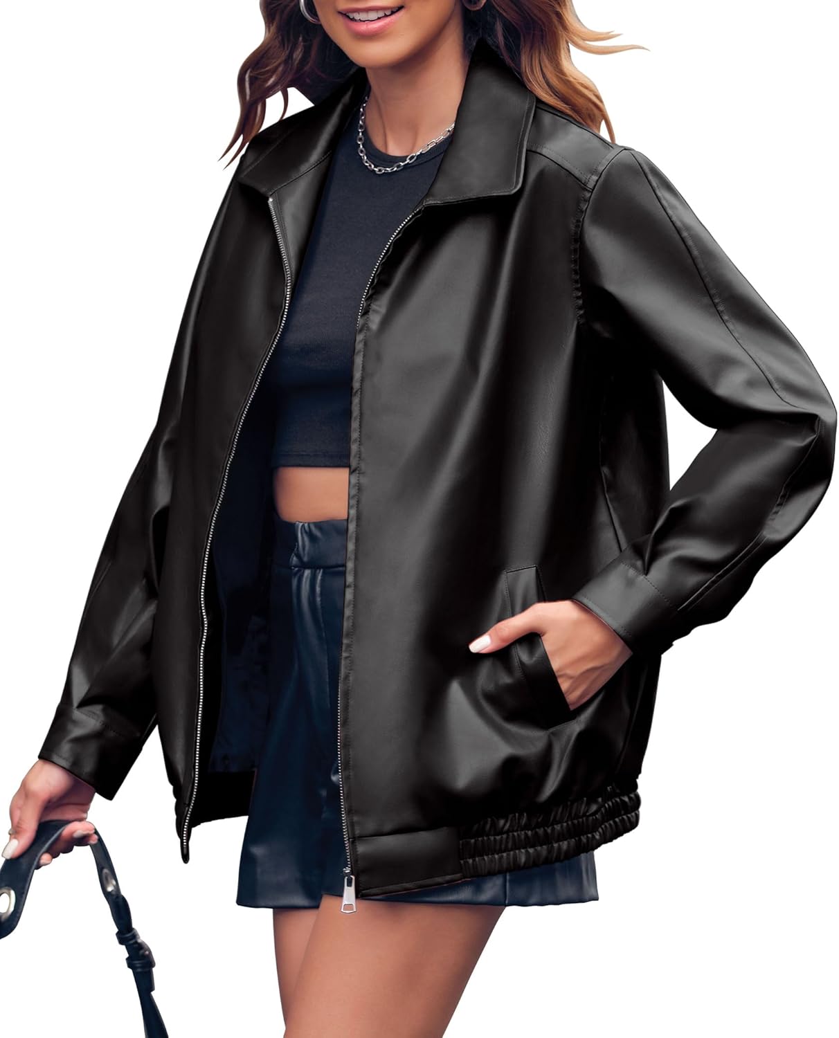 Miladusa Women's Oversized Faux Leather Zip-Up Bomber Motorcycle Jacket with Pockets