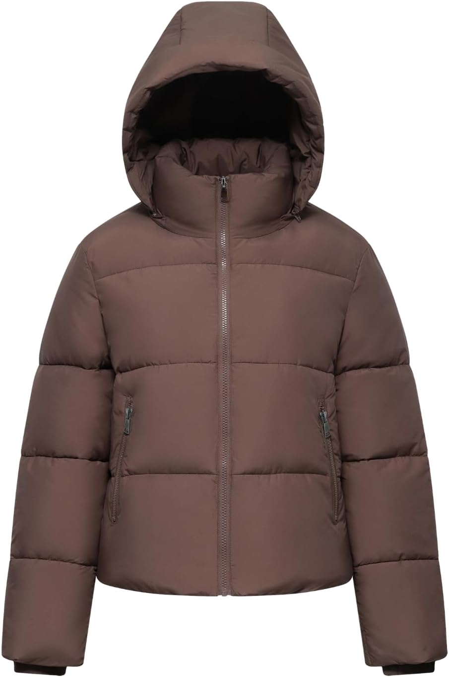 Women's Cropped Quilted Puffer Jacket with Removable Hood and Zippered Pockets Short Winter Coat