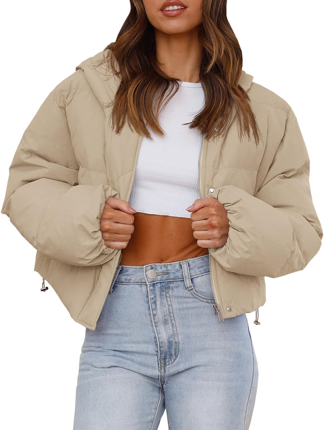 Tankaneo Women's Cropped Baggy Puffer Jacket Casual Winter Hoodie Short Coat with Pockets