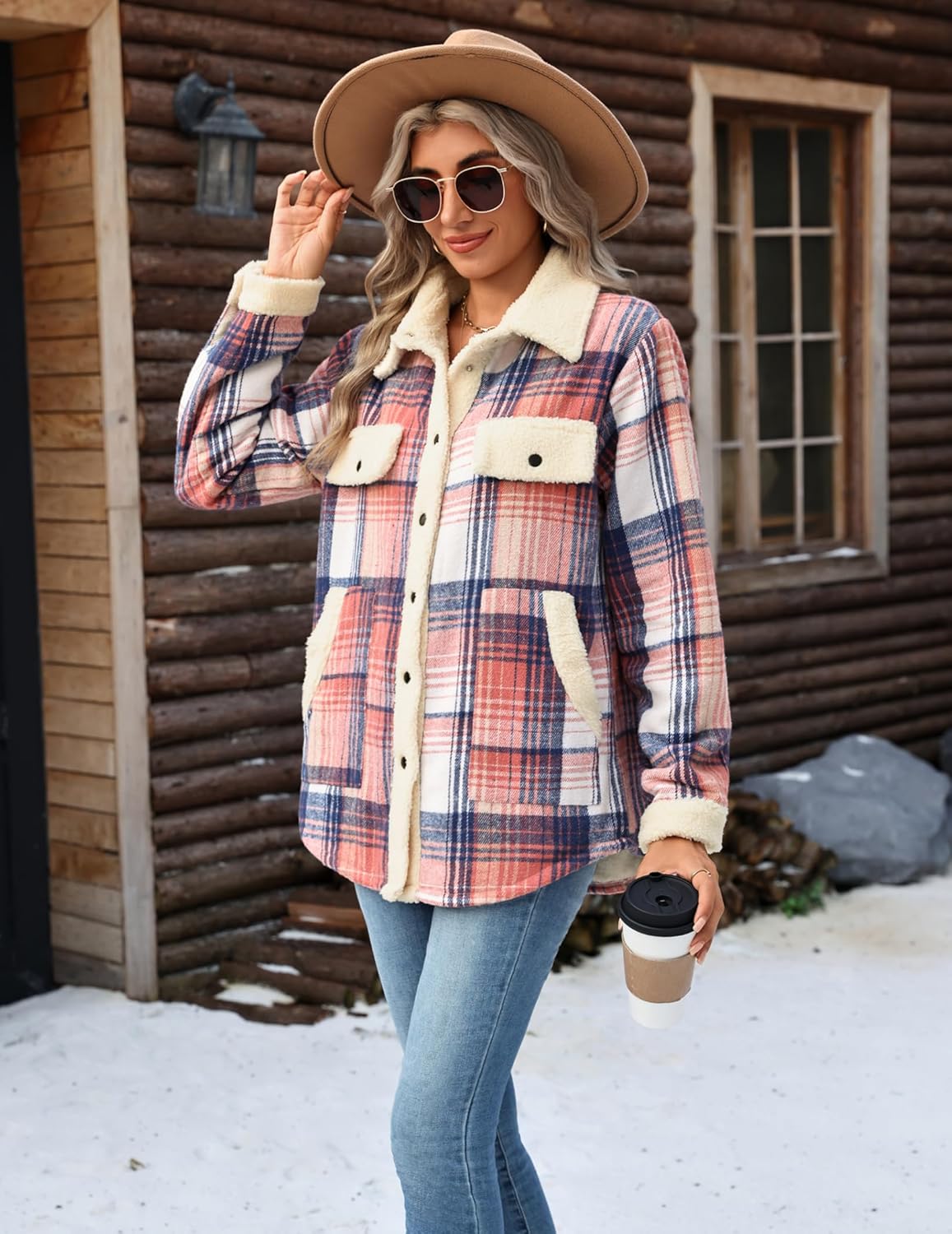 Zeagoo Women's Plaid Flannel Sherpa Lined Shacket Fleece Button Down Cozy Warm Fall Winter Jacket Coat S-XXL