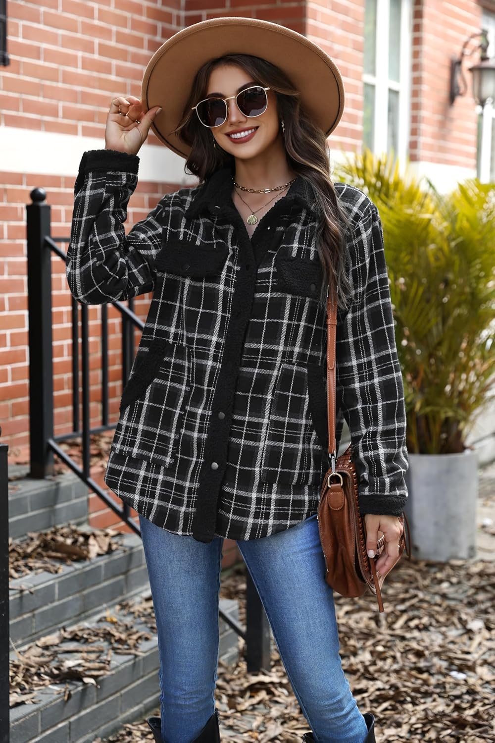 Zeagoo Women's Plaid Flannel Sherpa Lined Shacket Fleece Button Down Cozy Warm Fall Winter Jacket Coat S-XXL