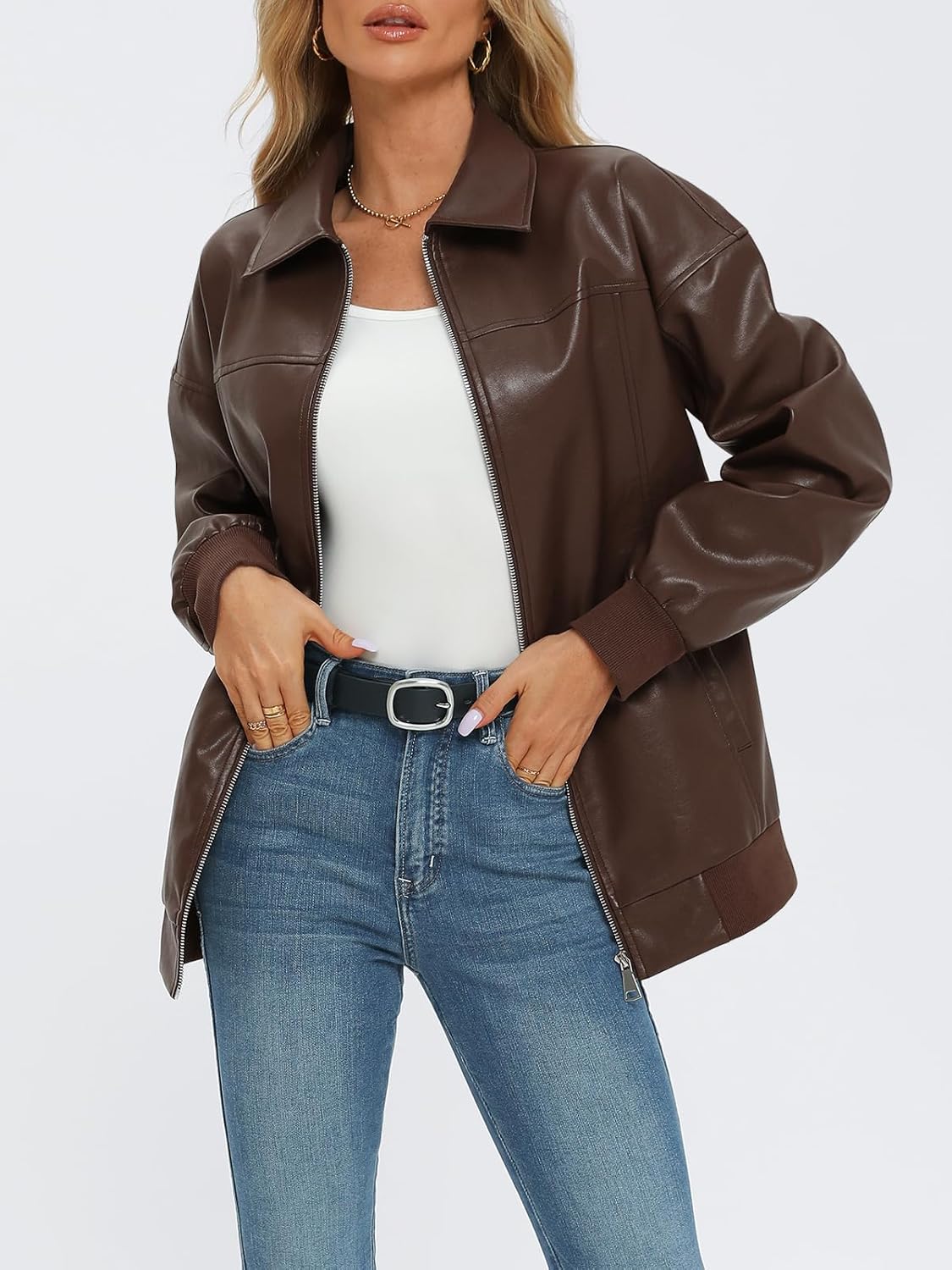 AUTOMET Women's Oversized Faux Leather Zip-Up Motorcycle Bomber Jacket Fall 2025 Trendy Winter Outfit