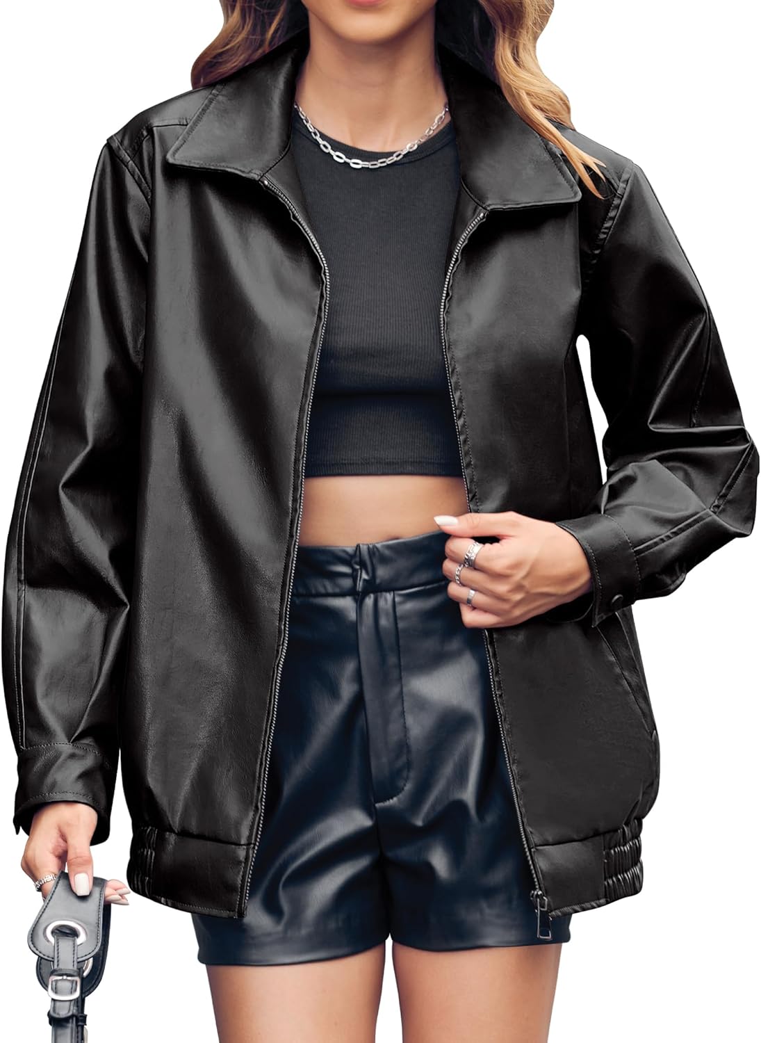 Miladusa Women's Oversized Faux Leather Zip-Up Bomber Motorcycle Jacket with Pockets