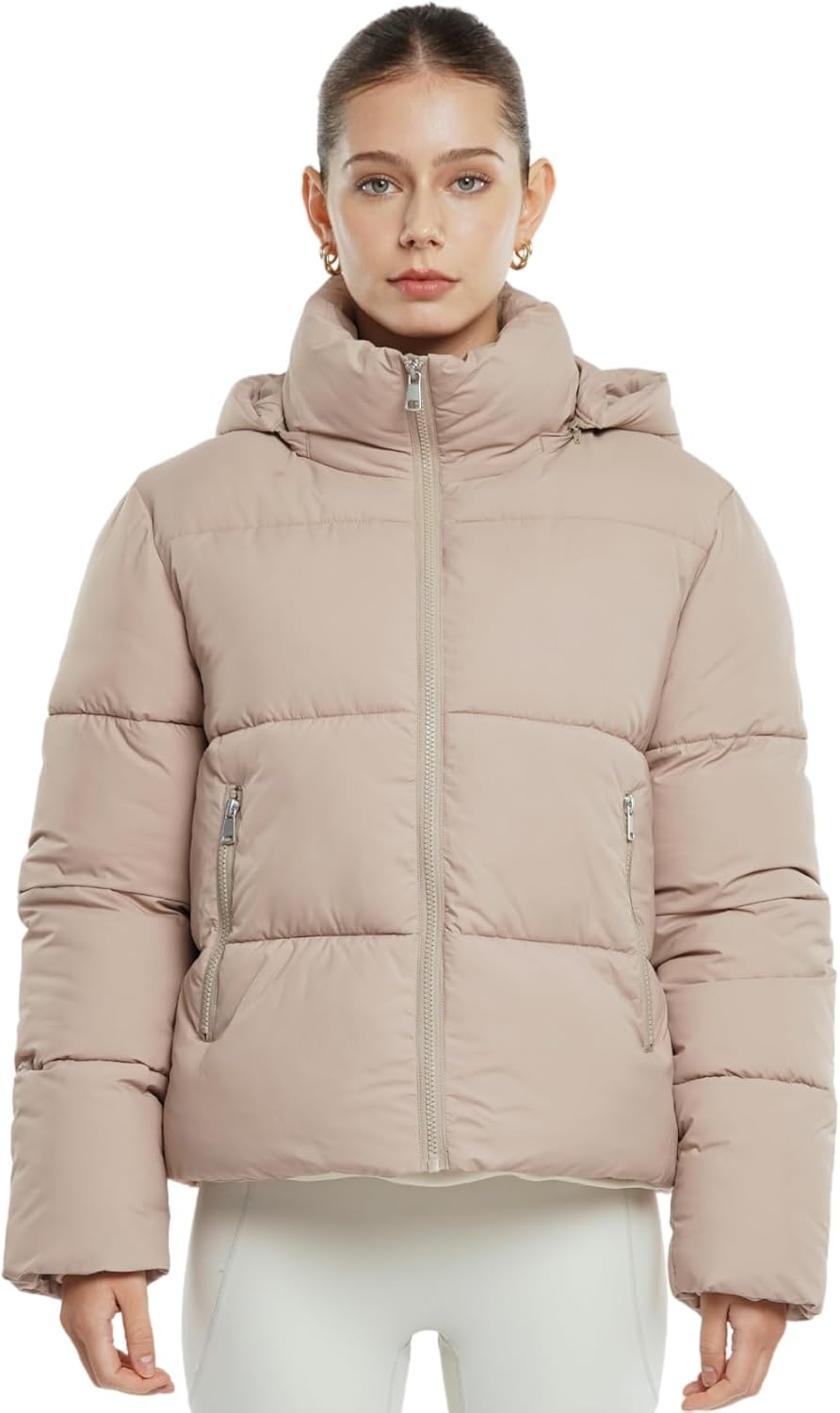 Women's Cropped Quilted Puffer Jacket with Removable Hood and Zippered Pockets Short Winter Coat