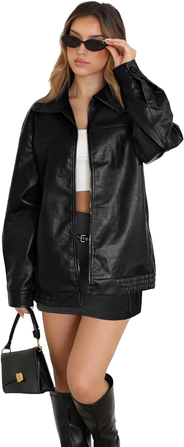 WIHOLL Women's Oversized Faux Suede Leather Jacket Fall Motorcycle Coat Winter Fashion Outfit Y2K Top