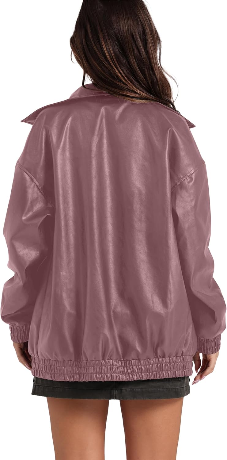 Sampeel Women's Faux Leather Oversized Motorcycle Jacket 2025 Fall Fashion Bomber Coat Winter Outfit