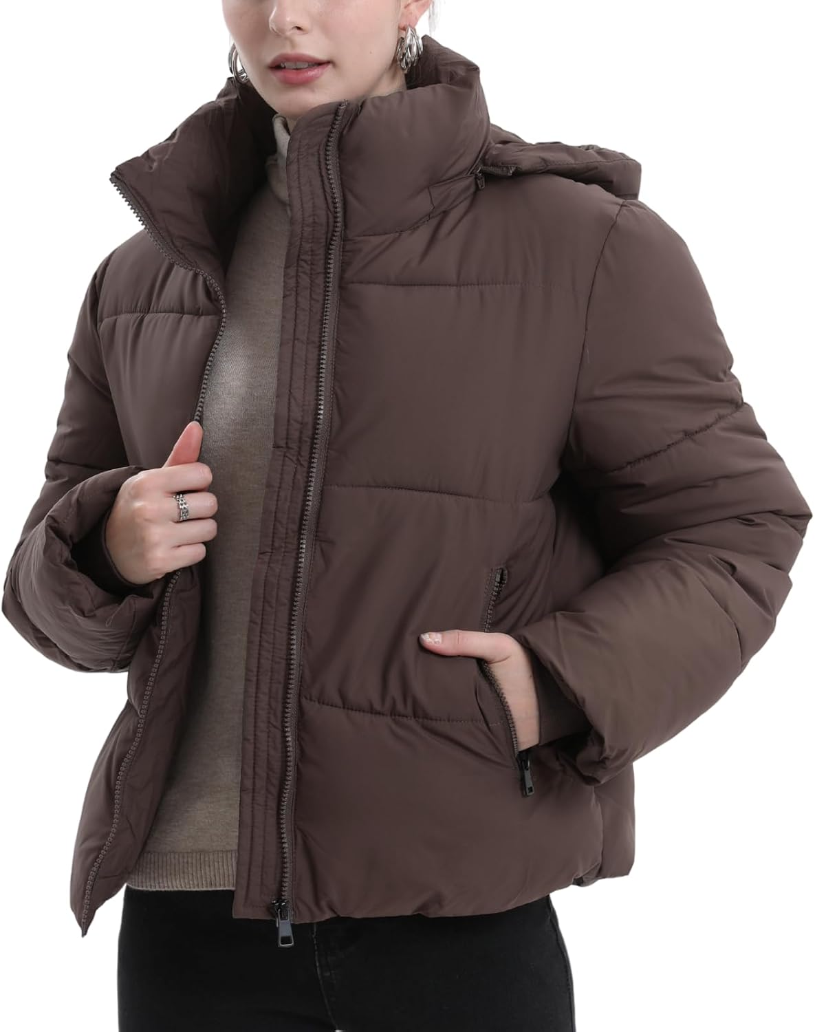 Women's Cropped Quilted Puffer Jacket with Removable Hood and Zippered Pockets Short Winter Coat