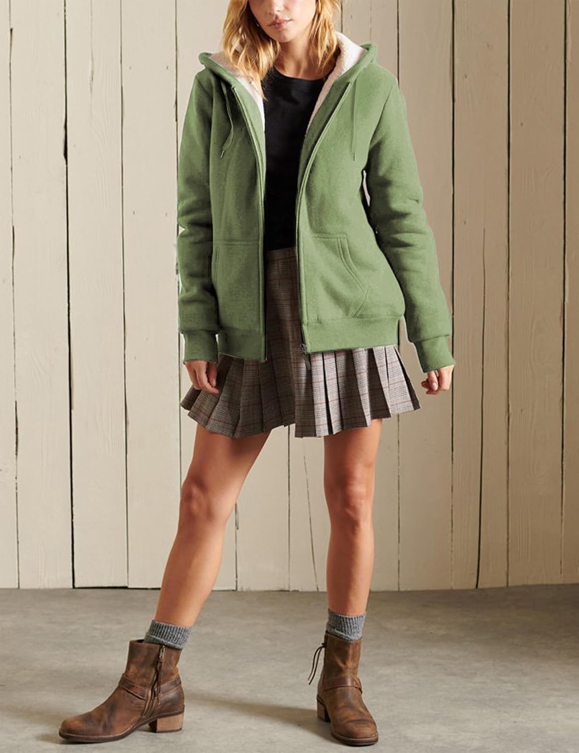 Yeokou Women's Casual Sherpa-Lined Full Zip Hoodie Jacket