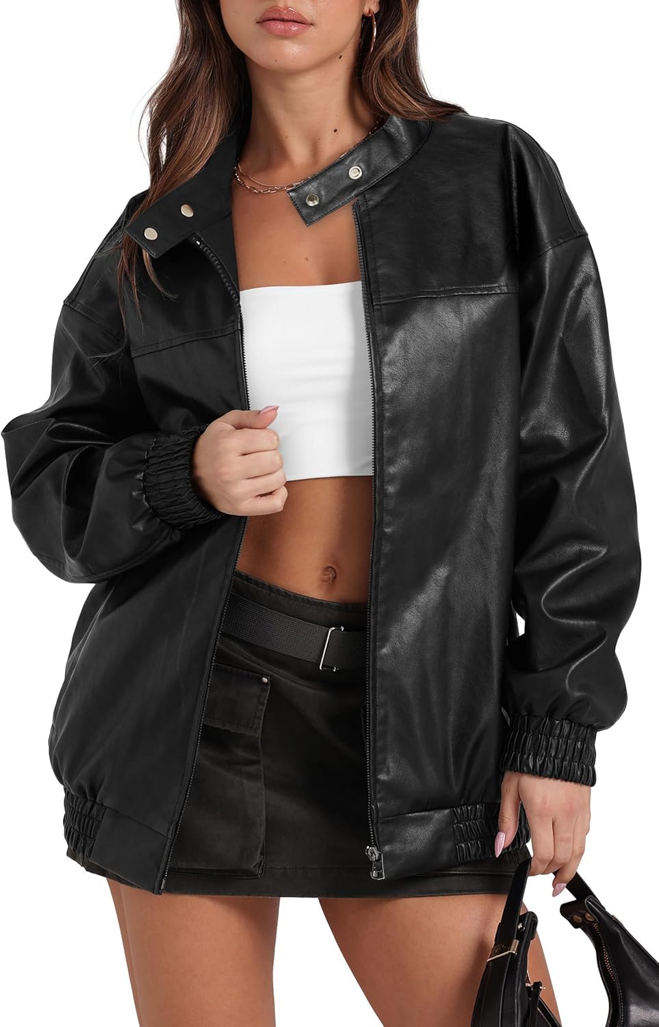 Sampeel Women's Faux Leather Oversized Motorcycle Jacket 2025 Fall Fashion Bomber Coat Winter Outfit