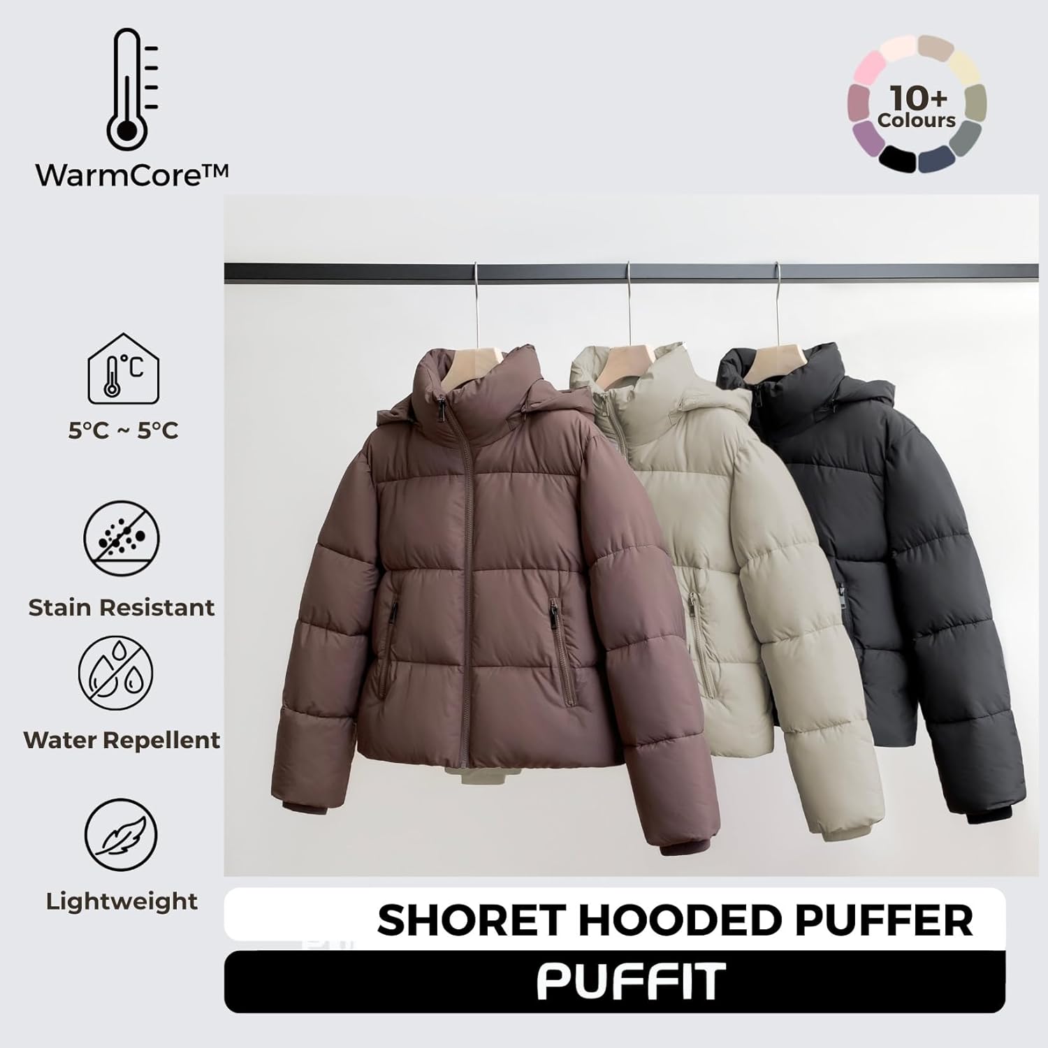 Women's Cropped Quilted Puffer Jacket with Removable Hood and Zippered Pockets Short Winter Coat