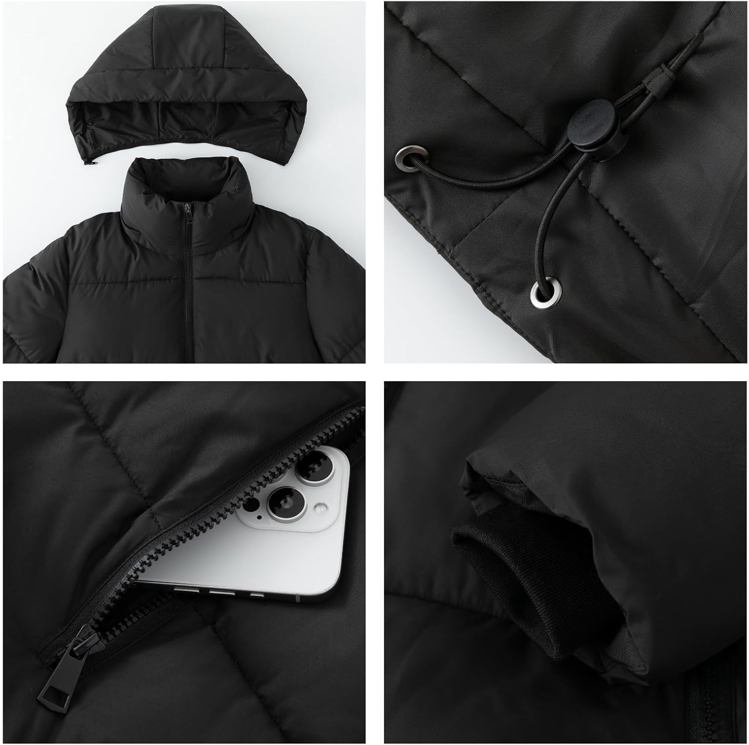 Women's Cropped Quilted Puffer Jacket with Removable Hood and Zippered Pockets Short Winter Coat