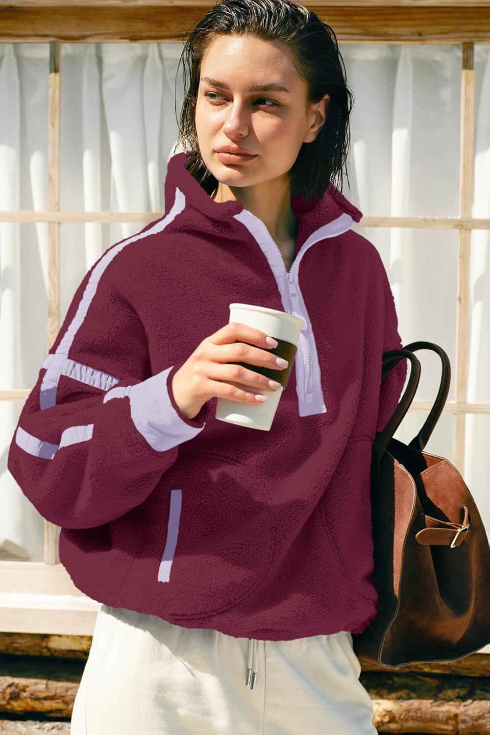 Panadila Women's Oversized Half Zip Sherpa Fleece Pullover Soft Fuzzy Sweatshirt with Pockets