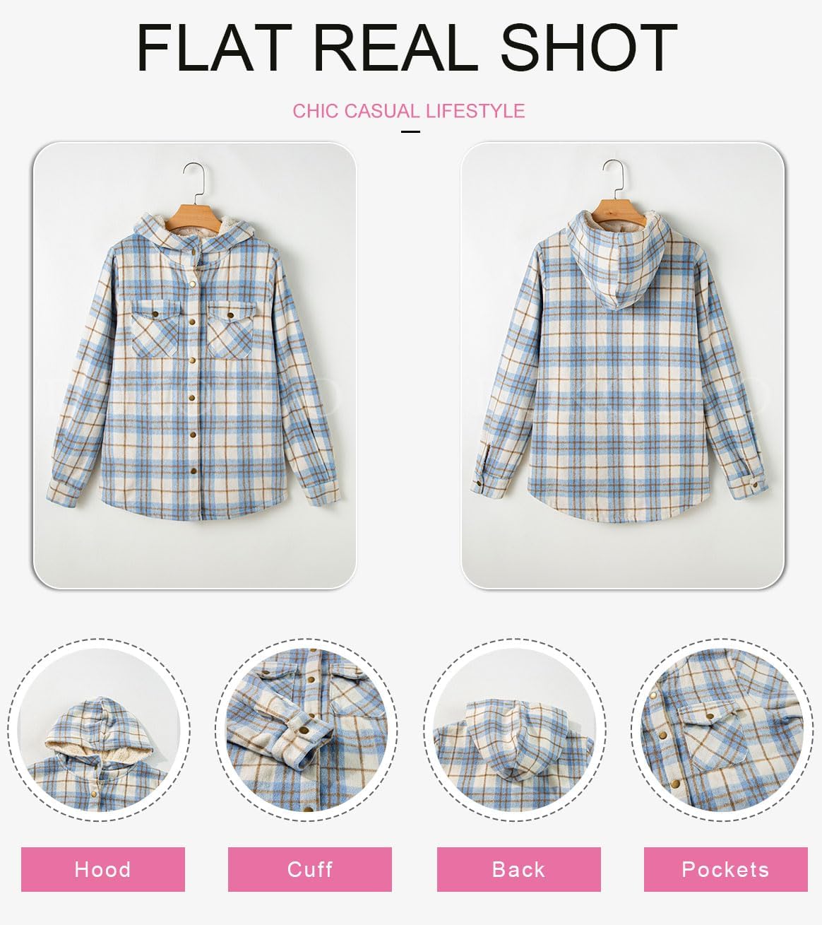 Dokotoo Women's Plaid Fleece Hooded Shacket Long Sleeve Button Down Warm Jacket Coat