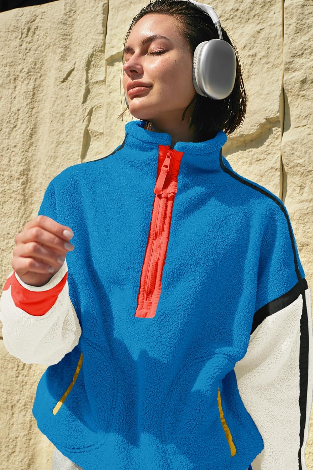 Panadila Women's Oversized Half Zip Sherpa Fleece Pullover Soft Fuzzy Sweatshirt with Pockets