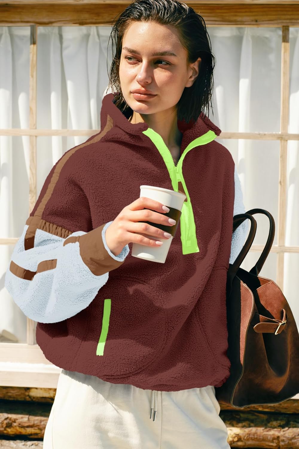 Panadila Women's Oversized Half Zip Sherpa Fleece Pullover Soft Fuzzy Sweatshirt with Pockets