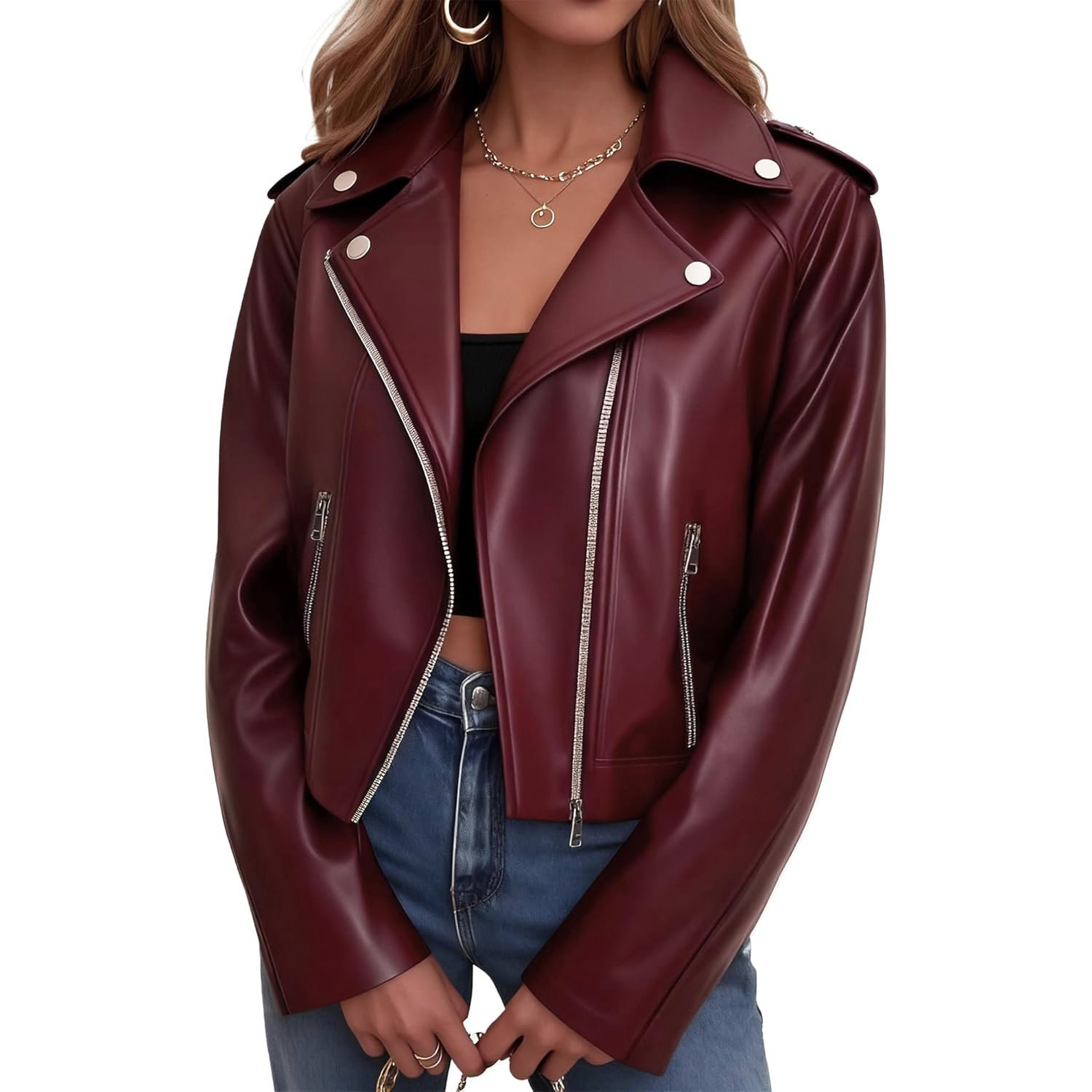 Women’s Faux Leather Cropped Jacket Short Zip-Up Coat for Casual, Rock Concert, Game Day, Edgy Vintage, College, or Gothic Outfit