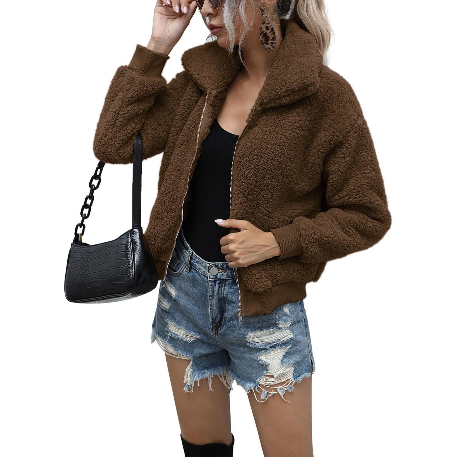 AKEWEI Women's Short Faux Fur Zip-Up Jacket Warm Shaggy Fluffy Winter Coat with Pockets