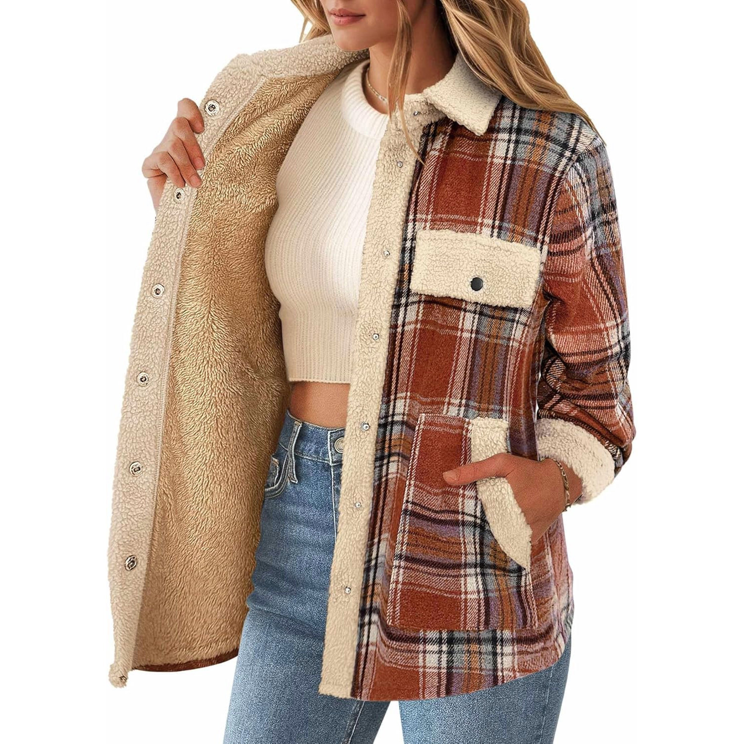 Zeagoo Women's Plaid Flannel Sherpa Lined Shacket Fleece Button Down Cozy Warm Fall Winter Jacket Coat S-XXL