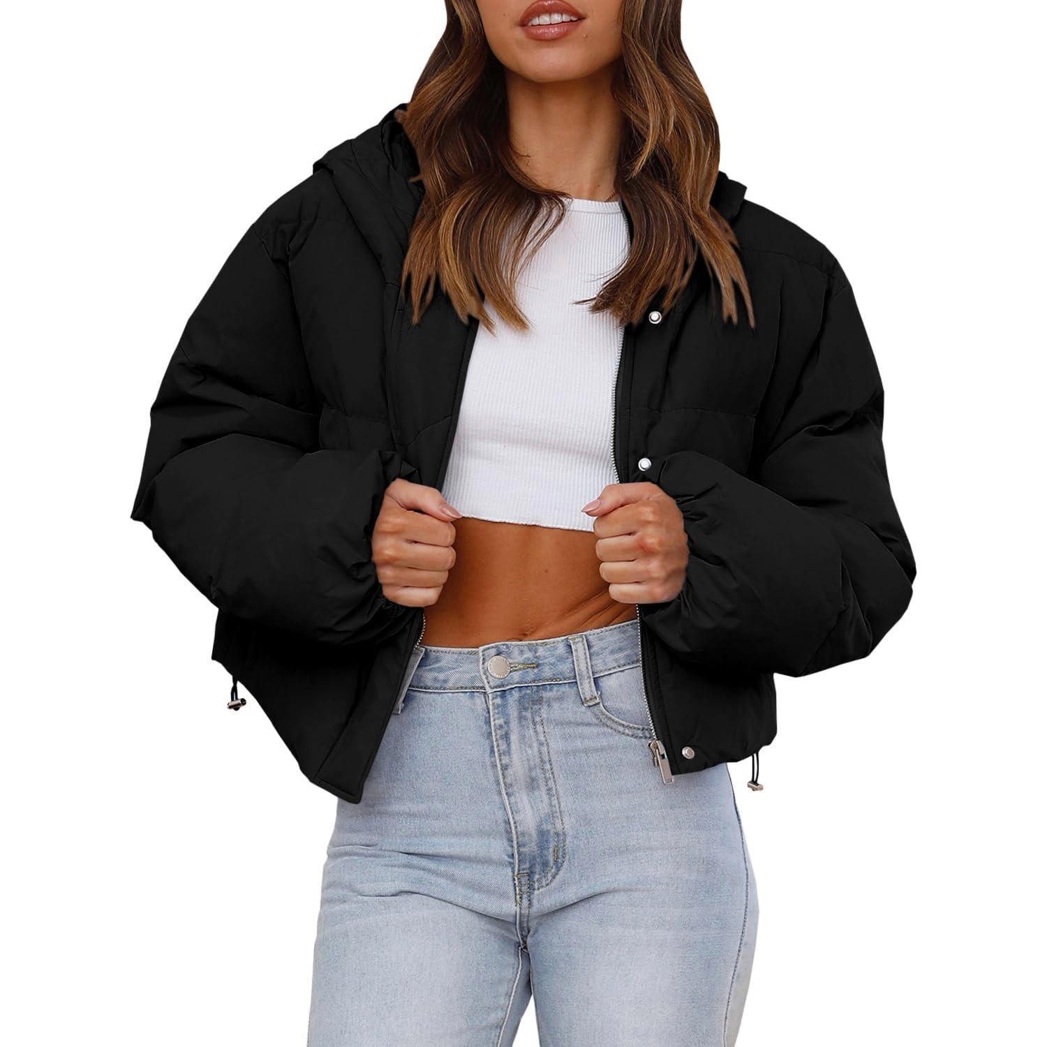 Tankaneo Women's Cropped Baggy Puffer Jacket Casual Winter Hoodie Short Coat with Pockets