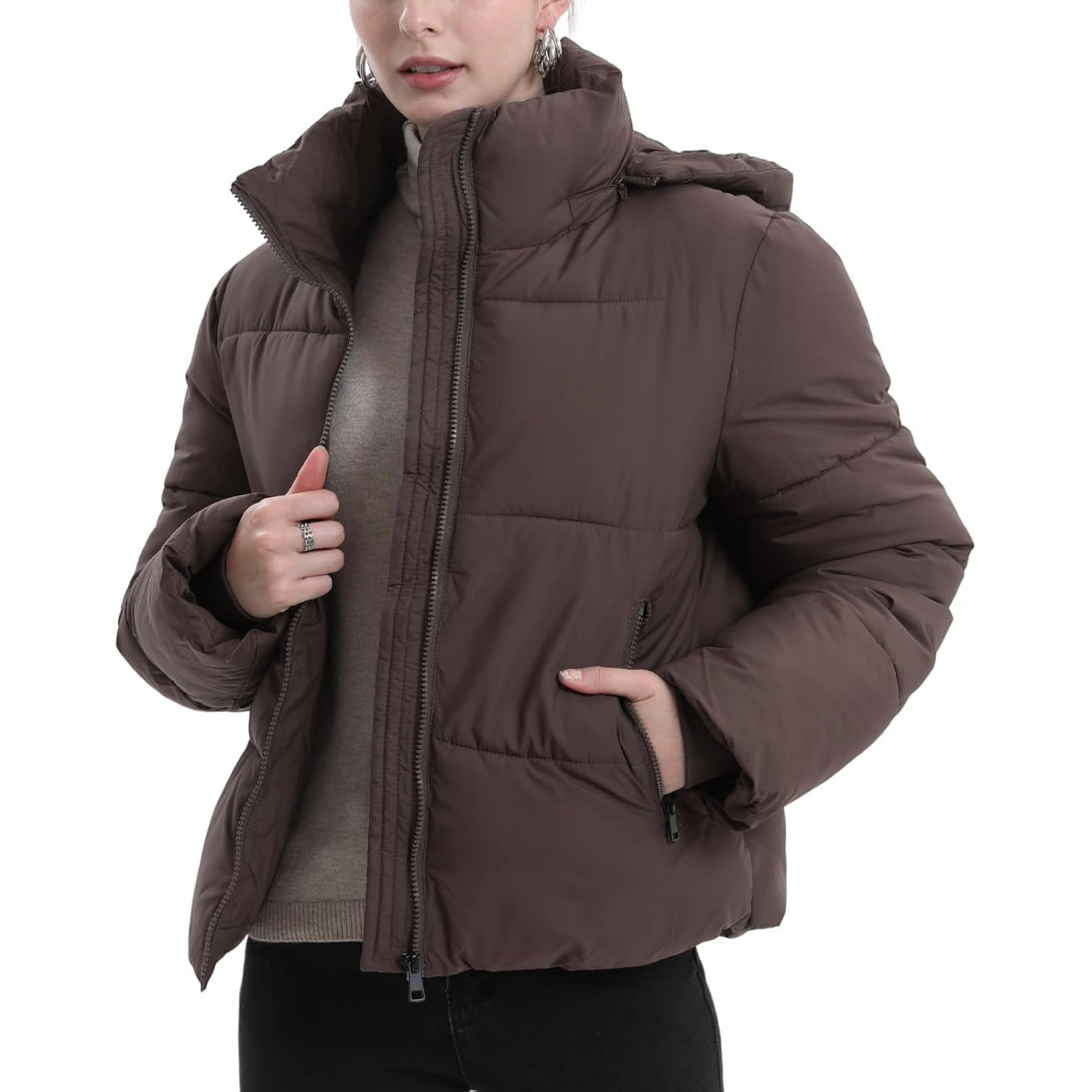 Women's Cropped Quilted Puffer Jacket with Removable Hood and Zippered Pockets Short Winter Coat