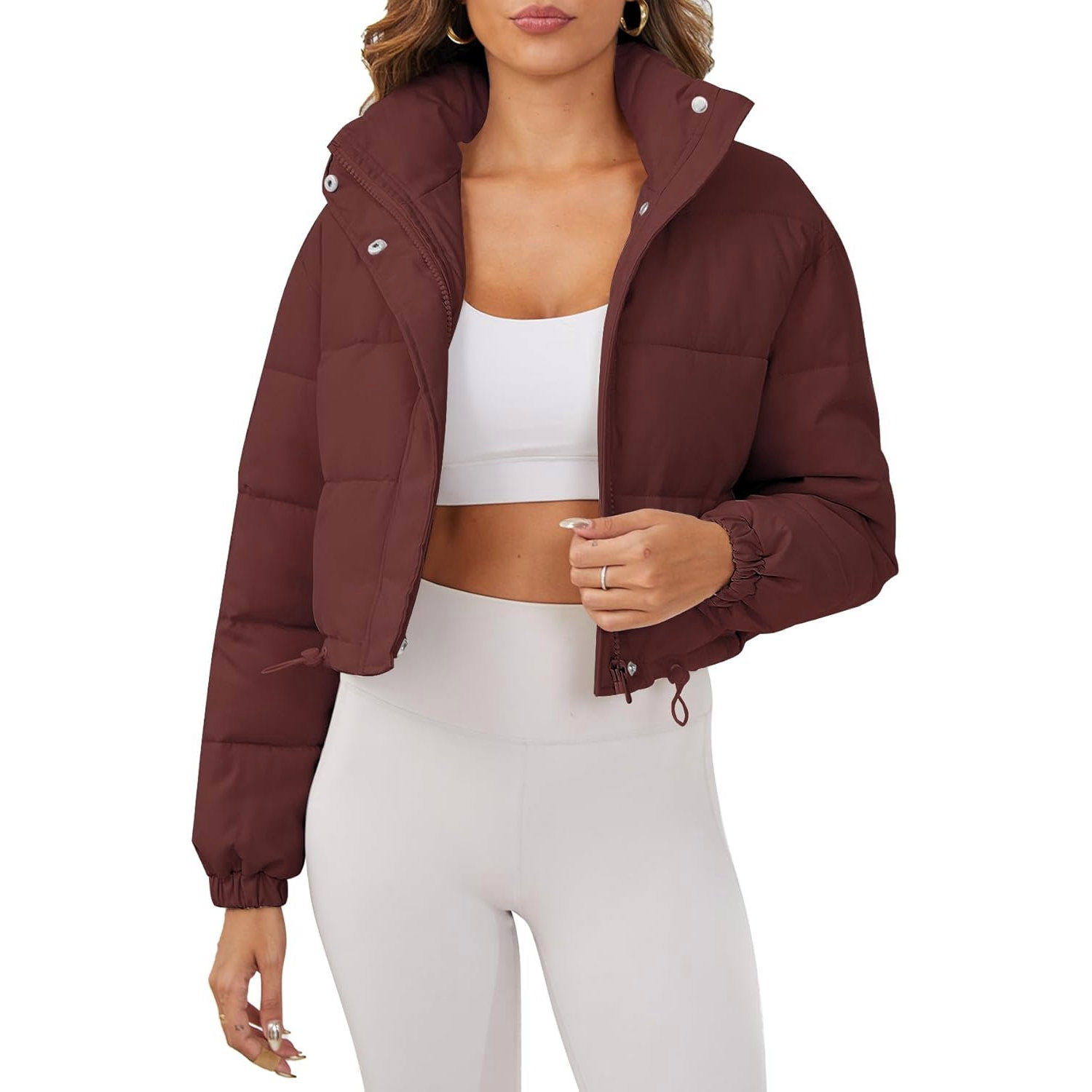 Women's Cropped Quilted Puffer Jacket Long Sleeve Stand Collar Zip-Up Puffy Coat with Drawstring & Pockets