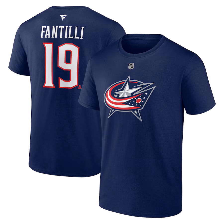 Men's Columbus Blue Jackets Adam Fantilli Fanatics Navy Authentic Stack Name & Number T-Shirt