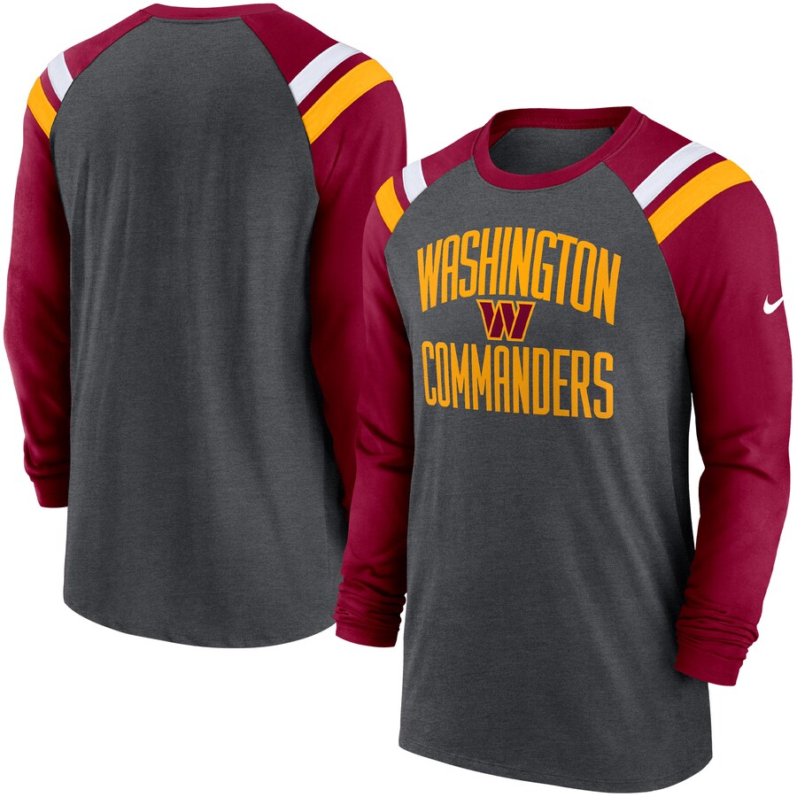 Men's Washington Commanders Nike Heathered Charcoal/Burgundy Tri-Blend Raglan Athletic Long Sleeve Fashion T-Shirt
