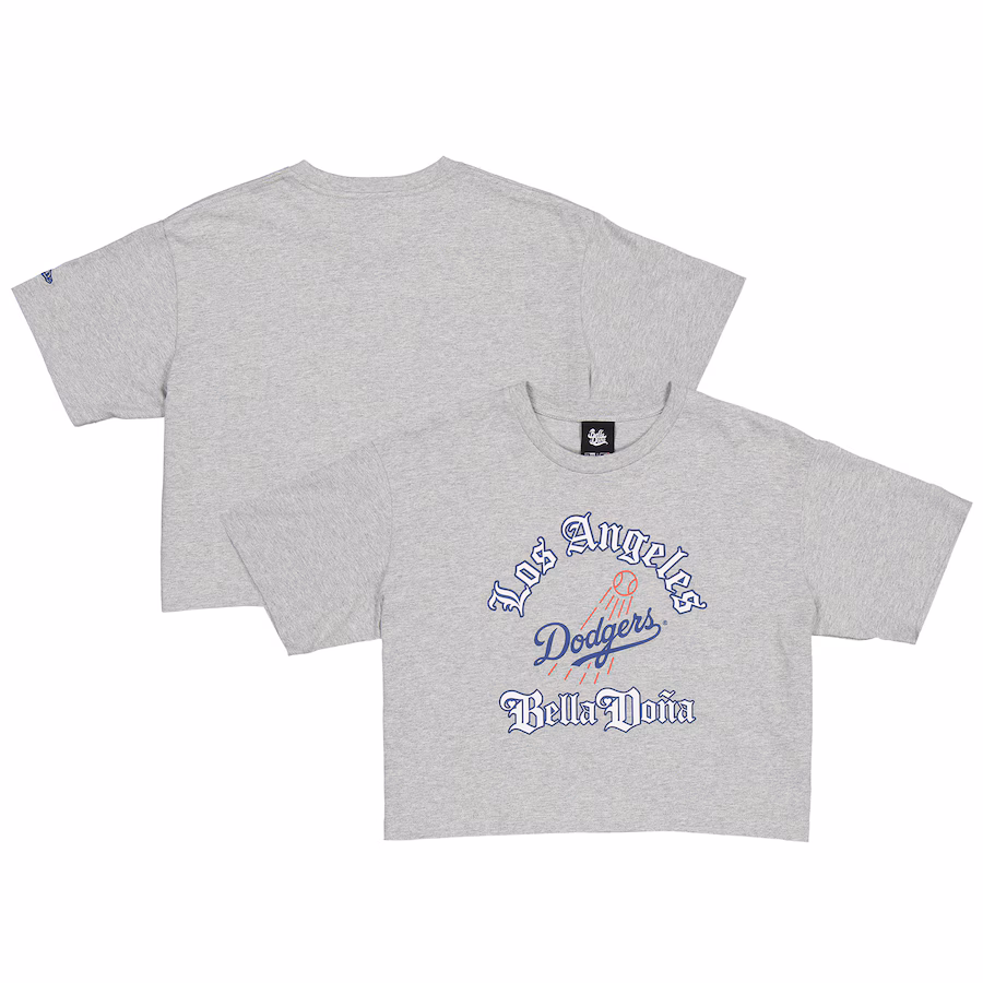 Women's New Era Gray Bella Dona x Los Angeles Dodgers Boxy Crop T-Shirt