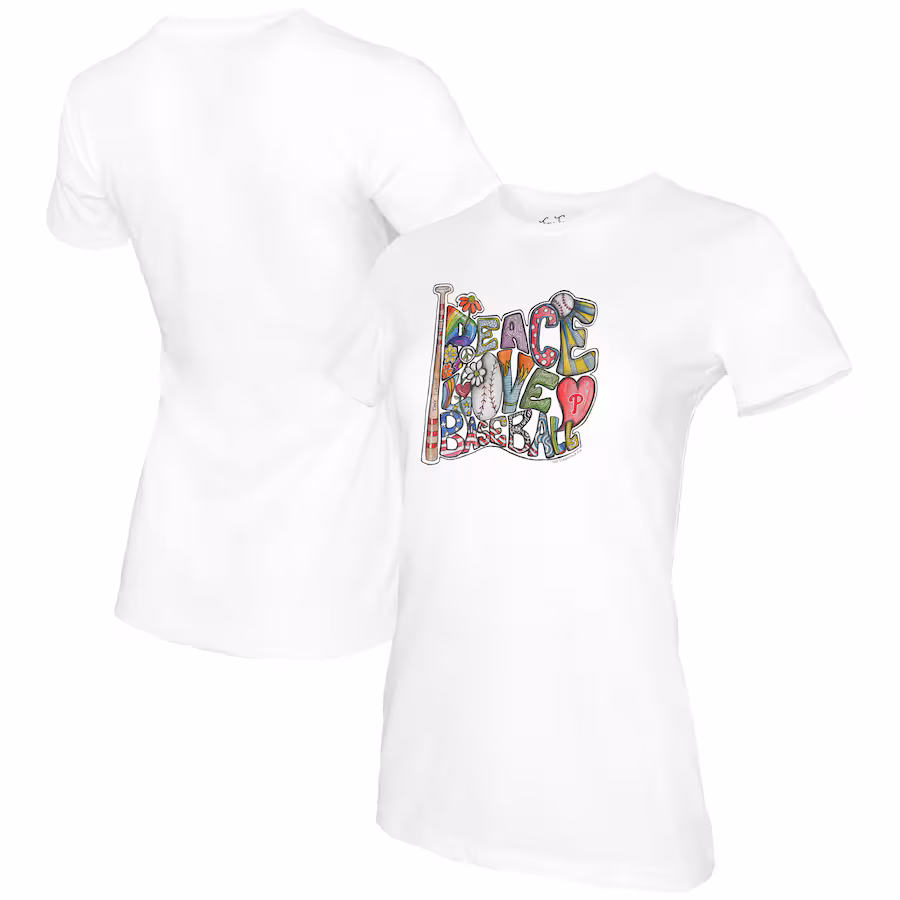 Women's Philadelphia Phillies Tiny Turnip White Peace Love Baseball T-Shirt