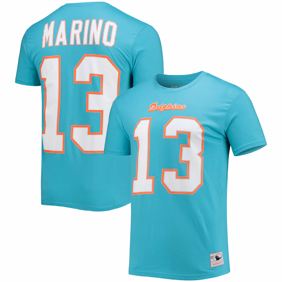 Men's Dan Marino Miami Dolphins Mitchell & Ness Aqua Retired Player Name & Number T-Shirt