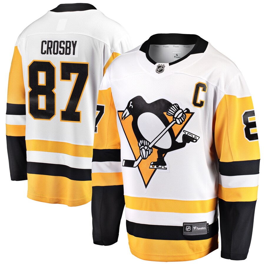 Men's Pittsburgh Penguins Sidney Crosby Fanatics Branded White Captain Away Premier Breakaway Player Jersey