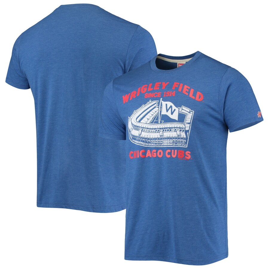 Men's Chicago Cubs Homage Heathered Royal Wrigley Field Tri-Blend T-Shirt