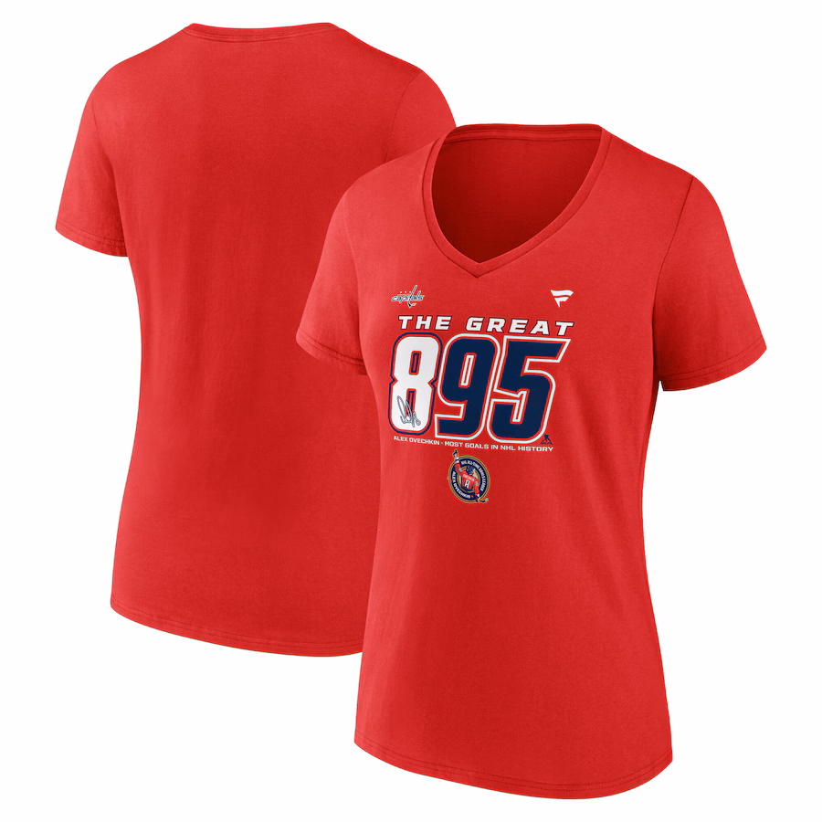 Women's Washington Capitals Alexander Ovechkin Fanatics Athletic Red NHL All-Time Leading Goal Scorer The Great 895 V-Neck T-Shirt