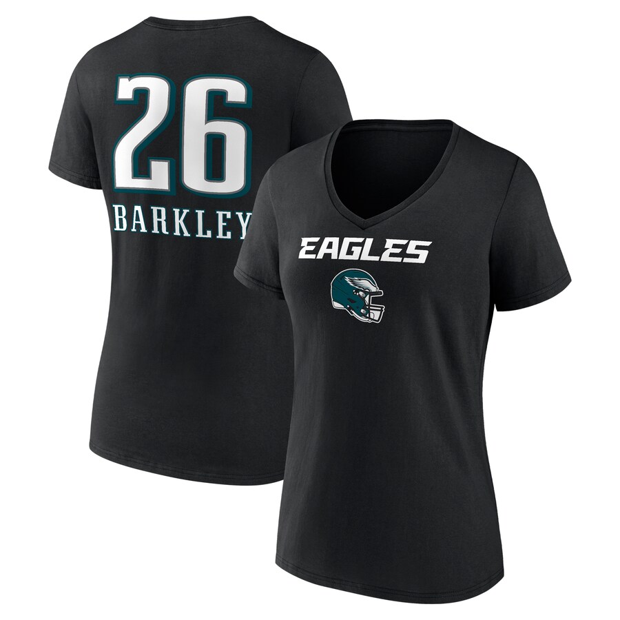 Women's Philadelphia Eagles Saquon Barkley Black Name & Number Team Wordmark V-Neck T-Shirt