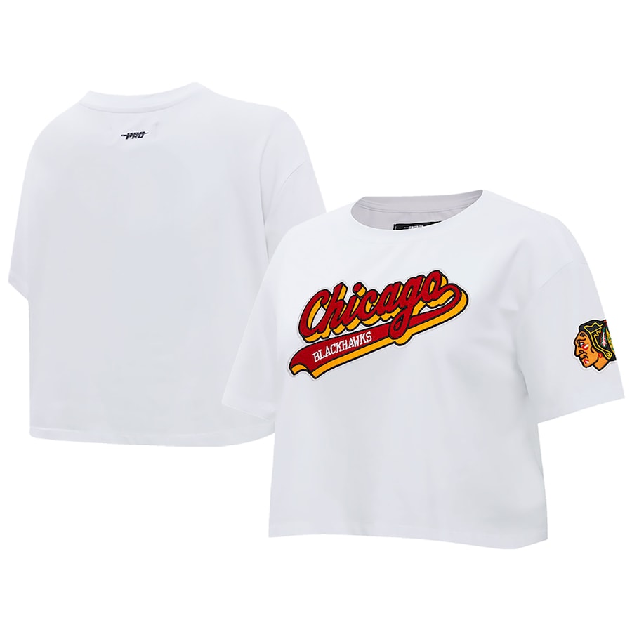 Women's Chicago Blackhawks Pro Standard White Boxy Script Tail Cropped T-Shirt