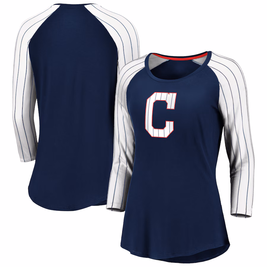 Women's Cleveland Guardians Fanatics Navy Iconic Pinstripe Raglan 3/4-Sleeve T-Shirt