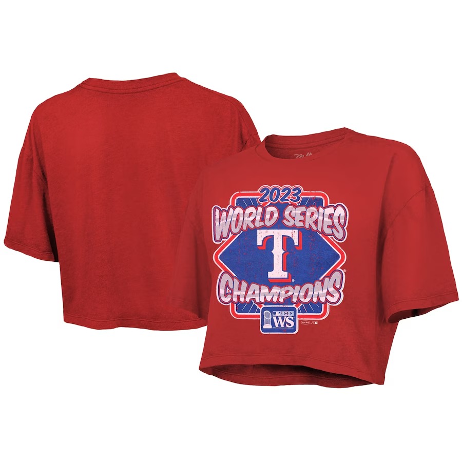 Women's Texas Rangers Majestic Threads Red 2023 World Series Champions Best Face Forward Boxy Cropped Tri-Blend T-Shirt