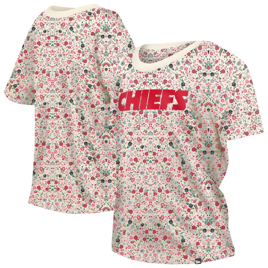 Women's Kansas City Chiefs New Era Cream Glam Game Floral T-Shirt