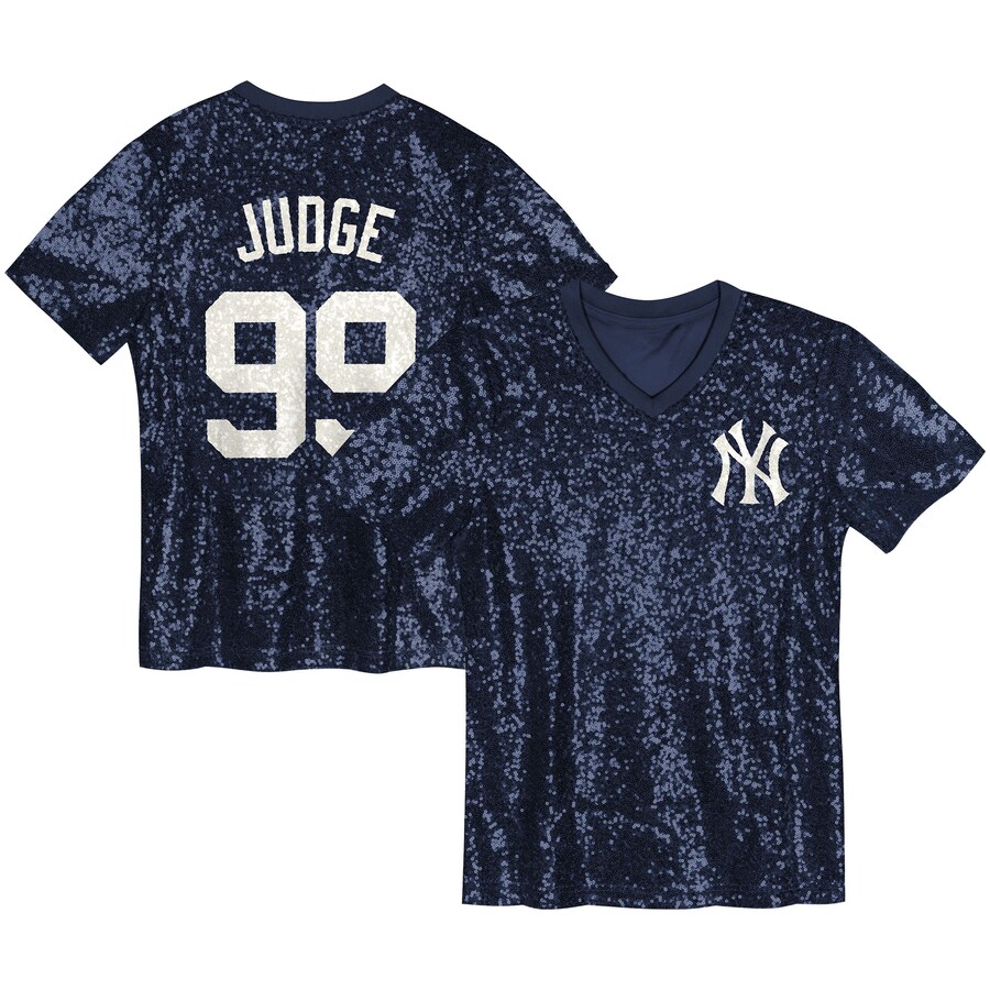 Juniors New York Yankees Aaron Judge Navy Name & Number Sequin V-Neck Top