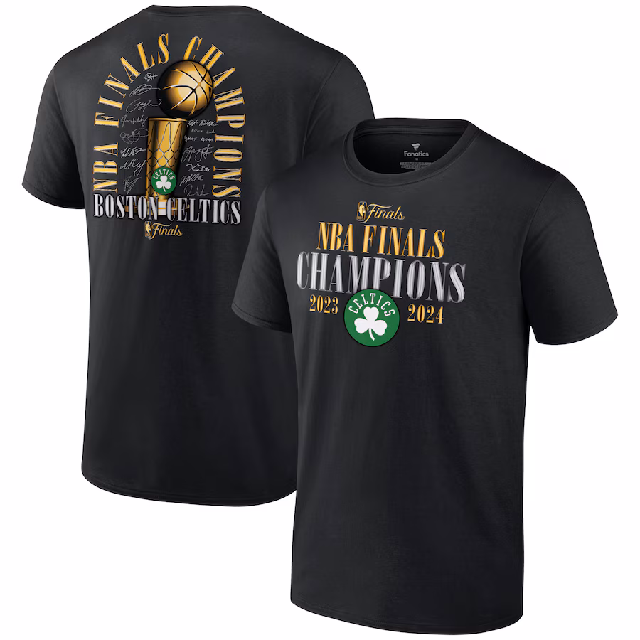 Men's Boston Celtics Fanatics Black 2024 NBA Finals Champions Fade Away Jumper Roster Signature T-Shirt