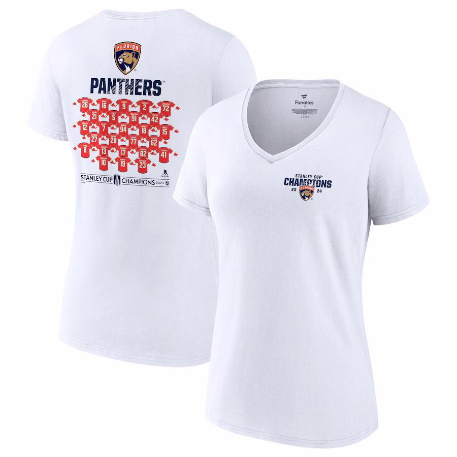 Women's Florida Panthers Fanatics White 2024 Stanley Cup Champions Jersey Roster V-Neck T-Shirt