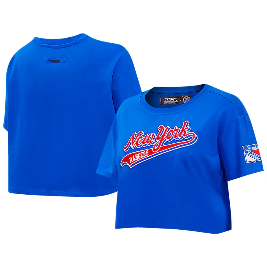 Women's New York Rangers Pro Standard Blue Boxy Script Tail Cropped T-Shirt