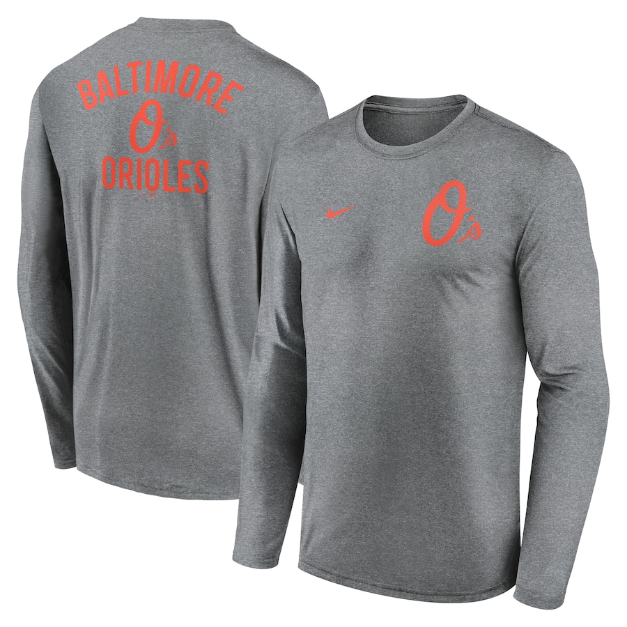 Men's Baltimore Orioles Nike Heather Charcoal 2-Hit Legend Performance Long Sleeve T-Shirt