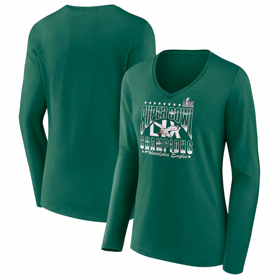 Women's Philadelphia Eagles  Fanatics Kelly Green Super Bowl LIX Champions Retro Logo Long Sleeve V-Neck T-Shirt