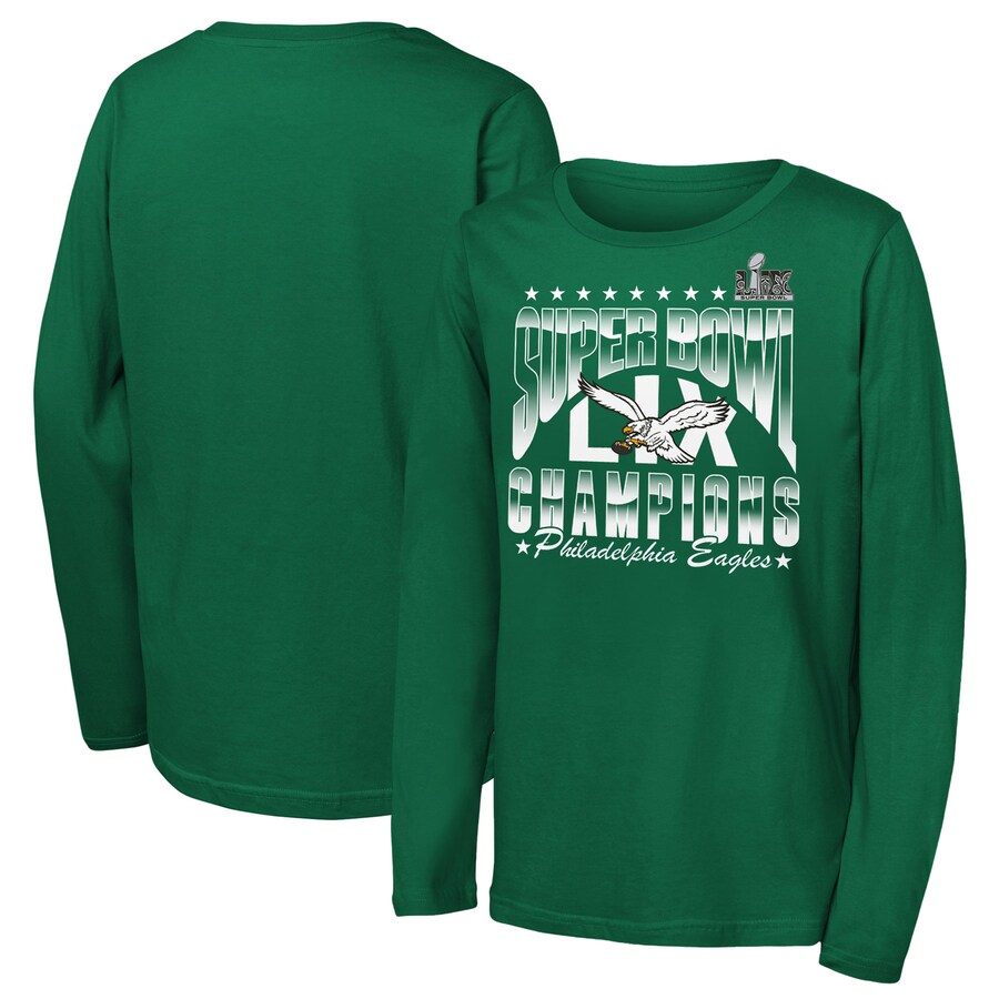 Youth Philadelphia Eagles Kelly Green Super Bowl LIX Champions Retro Arch Long Sleeve T-Shirt